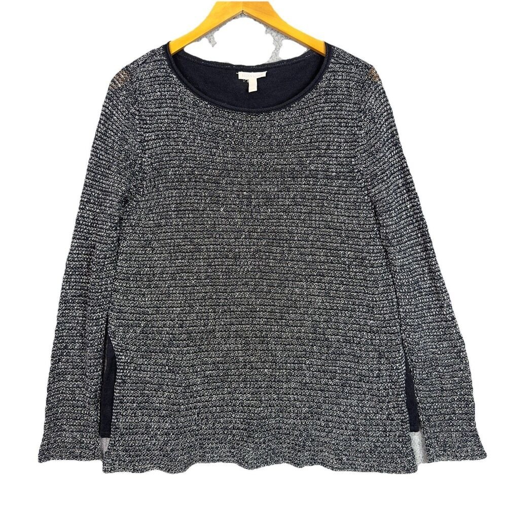 Eileen Fisher Organic Linen Blend Sweater Women's‎ Black Heather Medium Lined